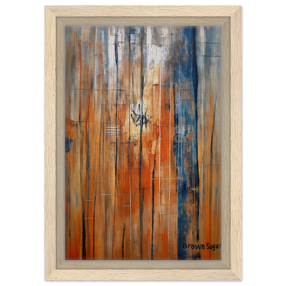 Abstract painting with vertical streaks in orange blue spectrums for stylish room decor