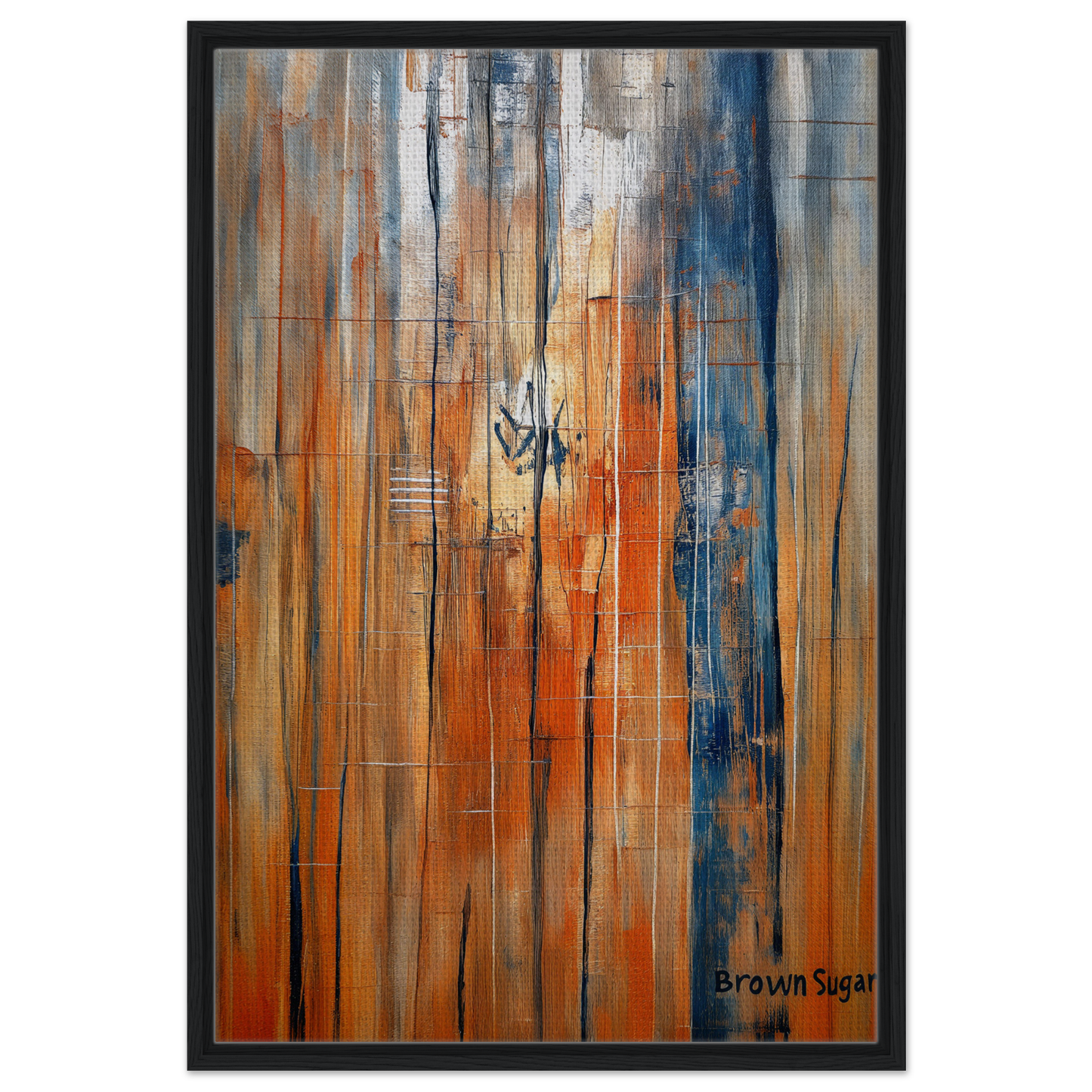 Abstract painting of orange blue spectrums with vertical streaks on framed canvas print