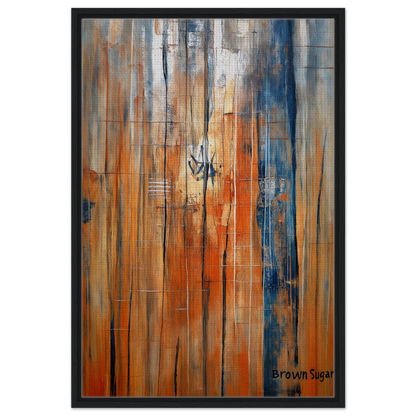 Abstract painting of orange blue spectrums with vertical streaks on framed canvas print