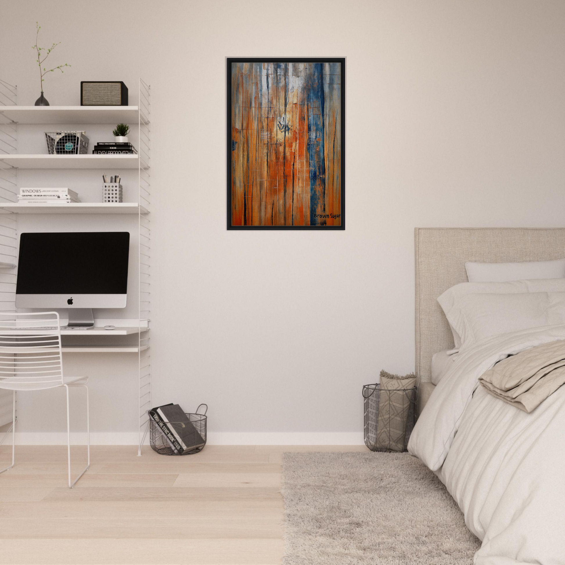 Abstract painting featuring orange blue spectrums in a black frame, Fashion Oracle™