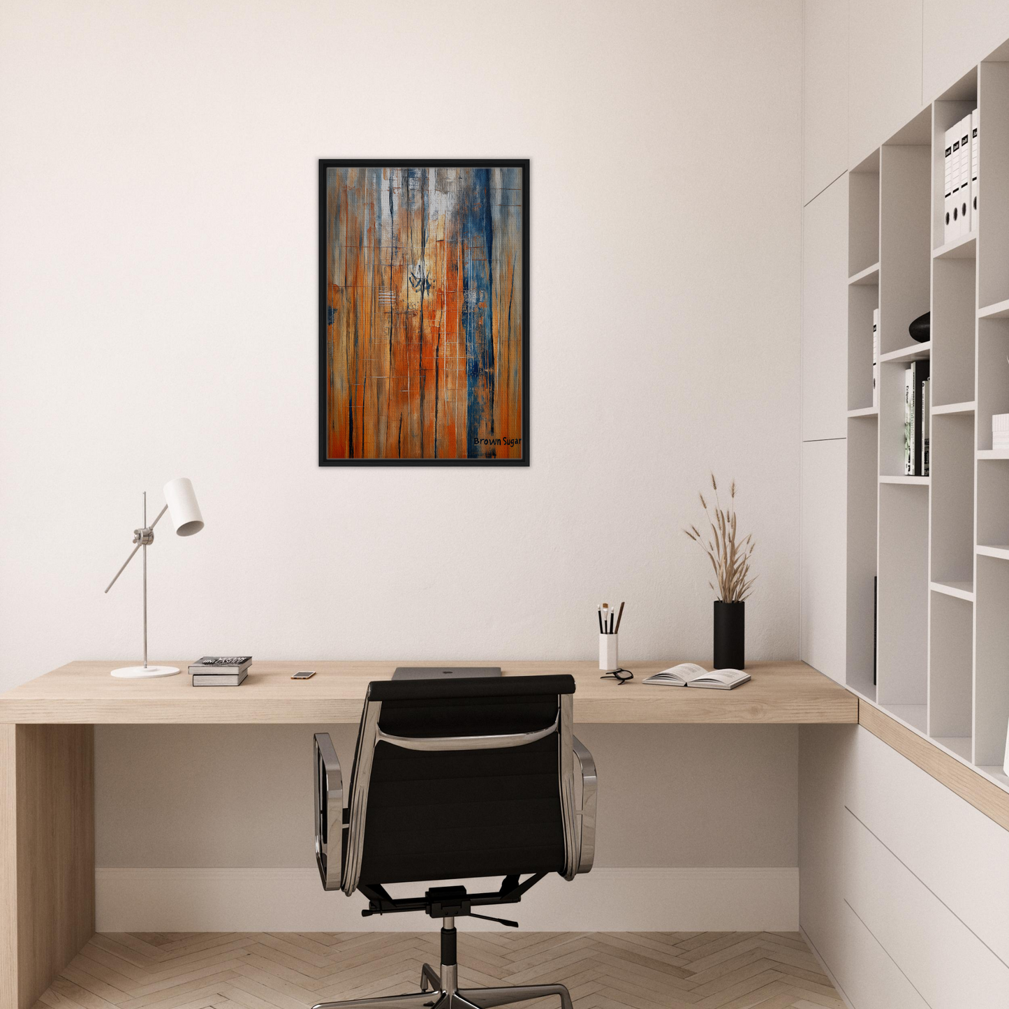 Modern home office featuring Orange Blue Spectrums decor with minimalist desk and chair