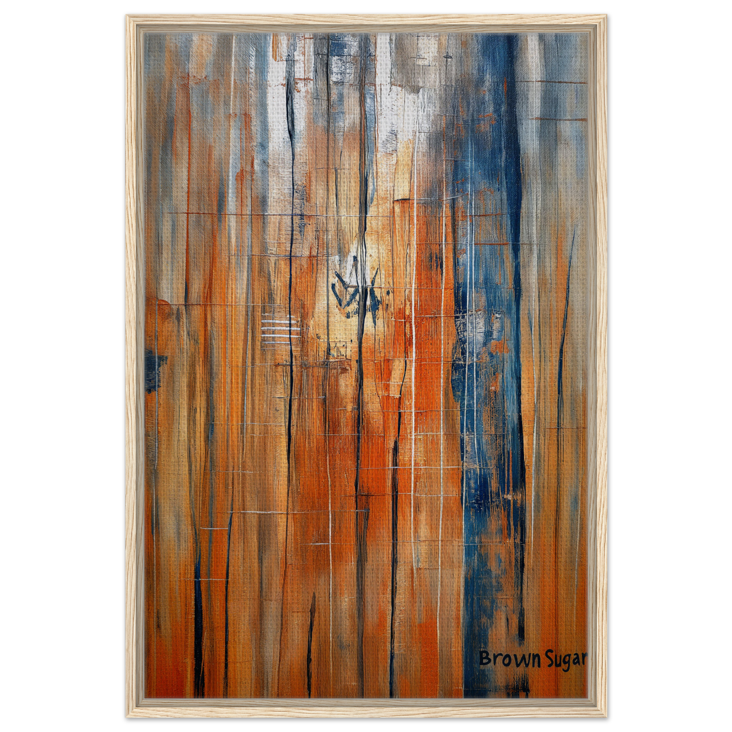 Abstract painting with vertical streaks in orange, blue, and gray for Orange Blue Spectrums