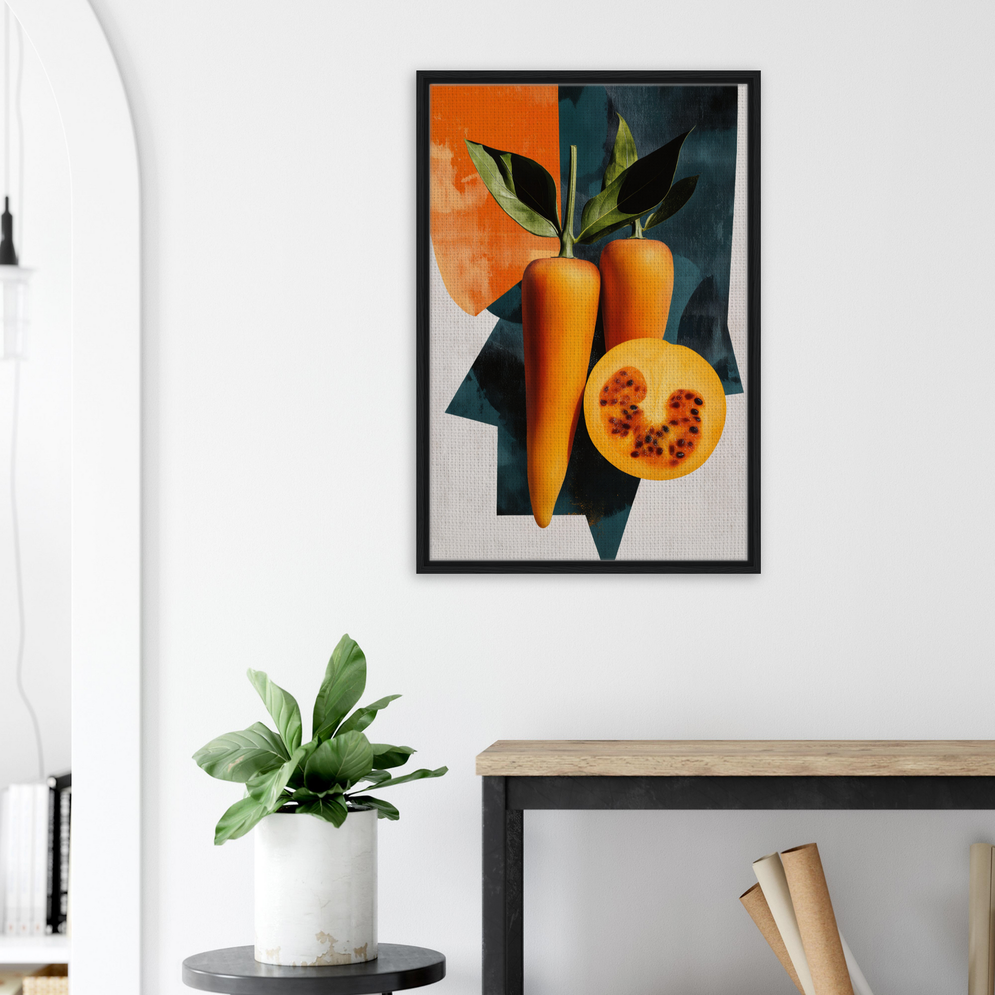 Framed Orange Reality Fusion artwork of carrots and tomato, ideal for room decor