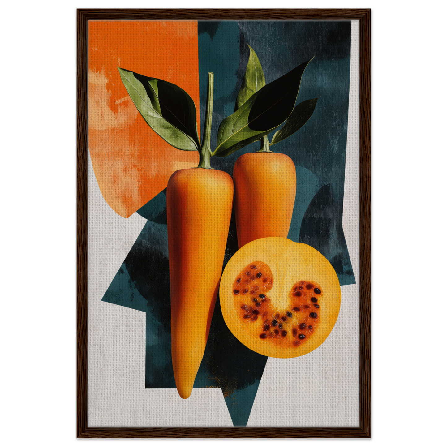 Framed artwork of orange carrots and yellow fruit, part of Orange Reality Fusion room decor