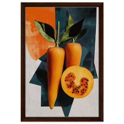 Framed artwork of vibrant carrots and passion fruit in Orange Reality Fusion room decor