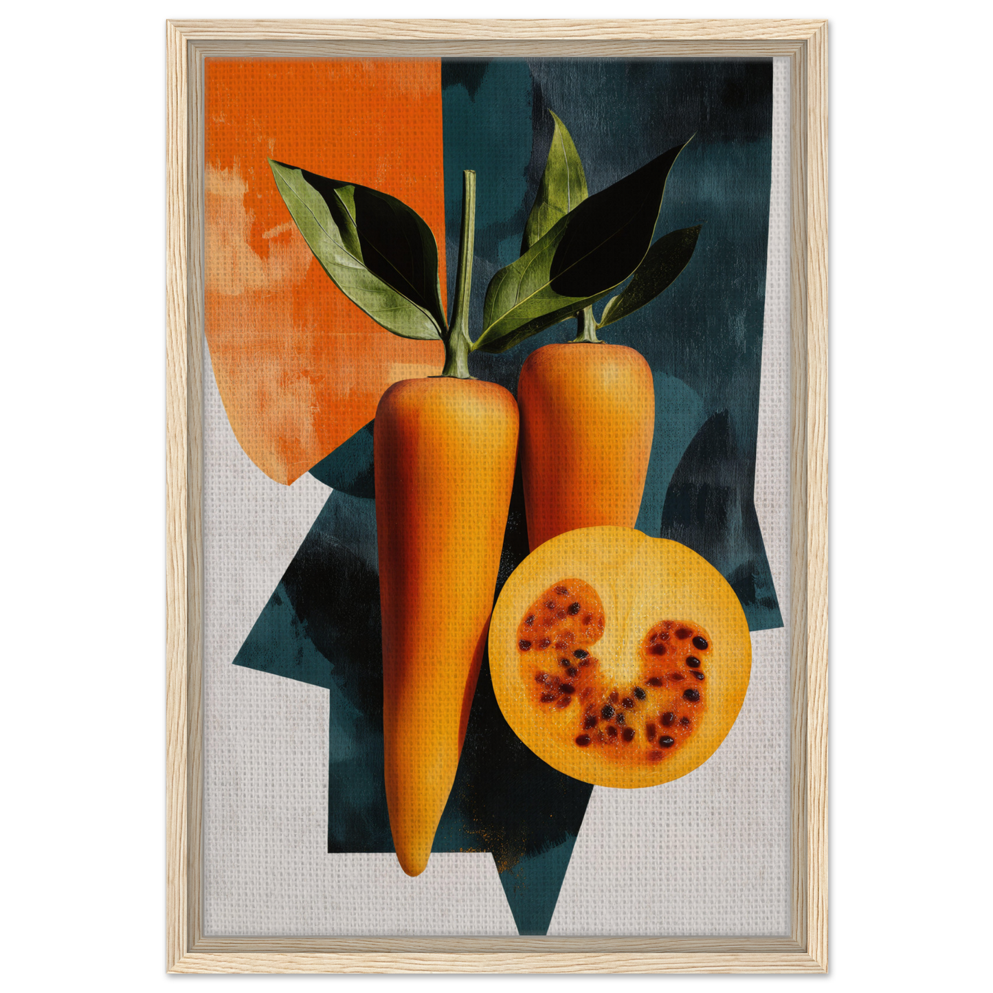 Framed artwork of vibrant orange carrots and melon for Orange Reality Fusion room decor