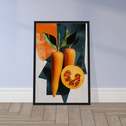 Framed canvas print of carrots and halved melon in Orange Reality Fusion style