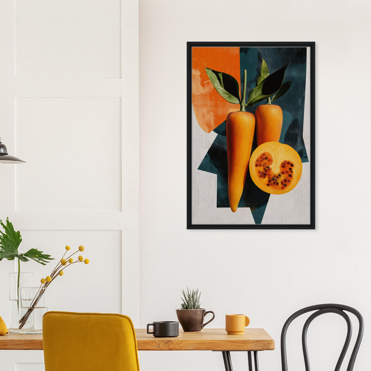 Framed canvas print of carrots and halved melon in vibrant colors, Orange Reality Fusion