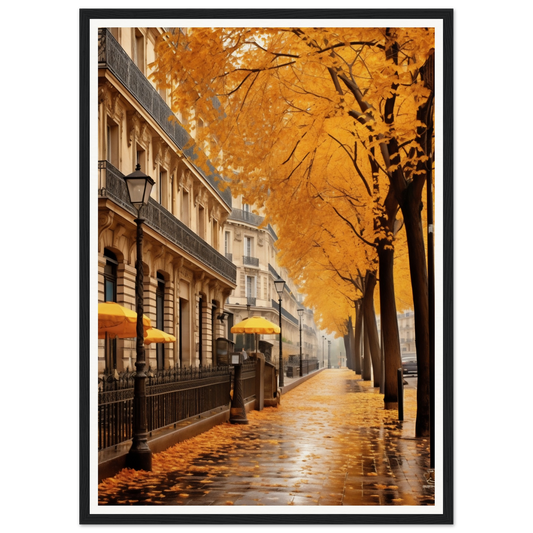 Autumn street scene in Paris with golden-leaved trees lining a wet sidewalk alongside elegant buildings.