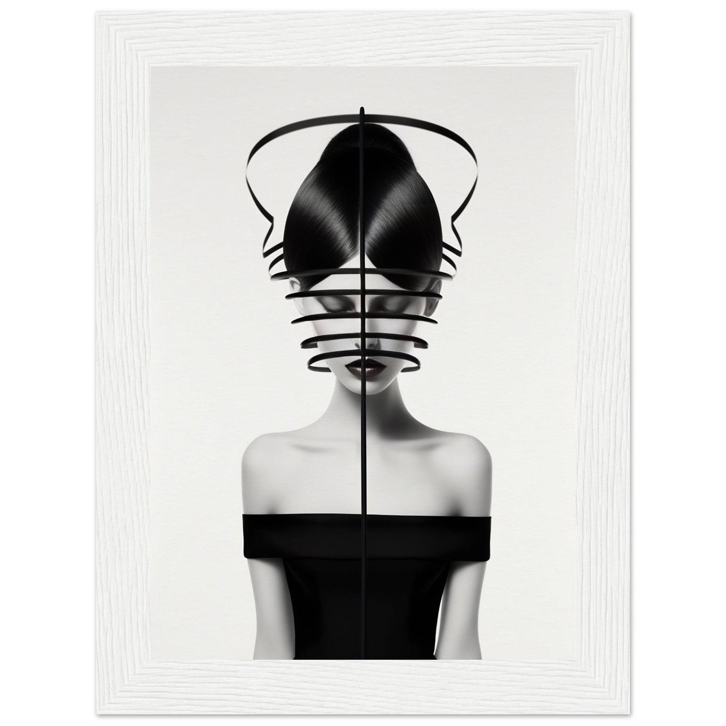 Striking black and white portrait featuring a figure wearing an avant-garde sculptural headpiece.