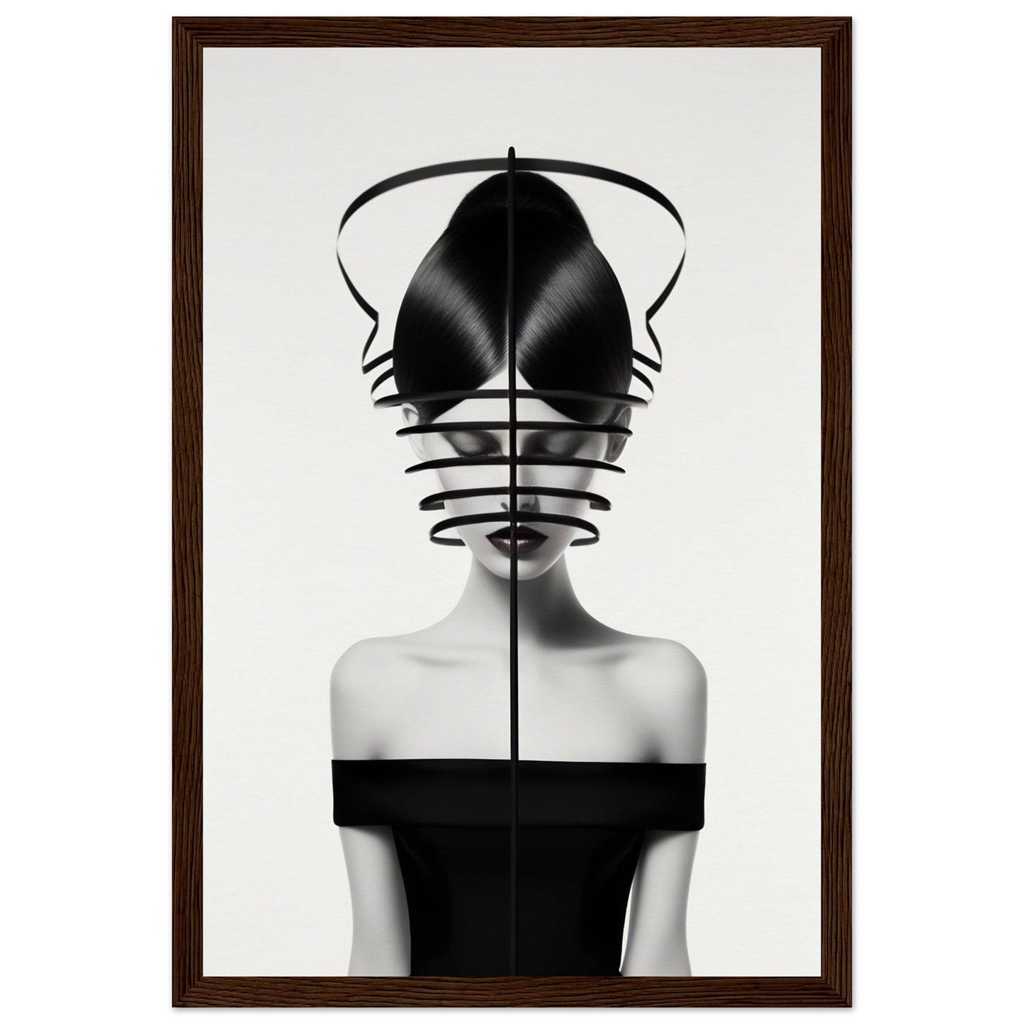 Striking black and white portrait of a figure wearing an avant-garde headpiece obscuring their face.