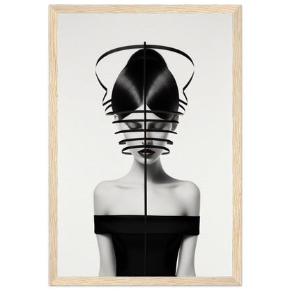 Striking black and white portrait featuring a figure wearing an avant-garde headpiece and off-shoulder top.