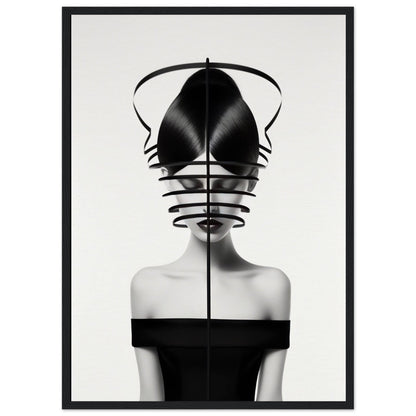 Striking black and white portrait featuring a figure wearing an elaborate geometric headdress.