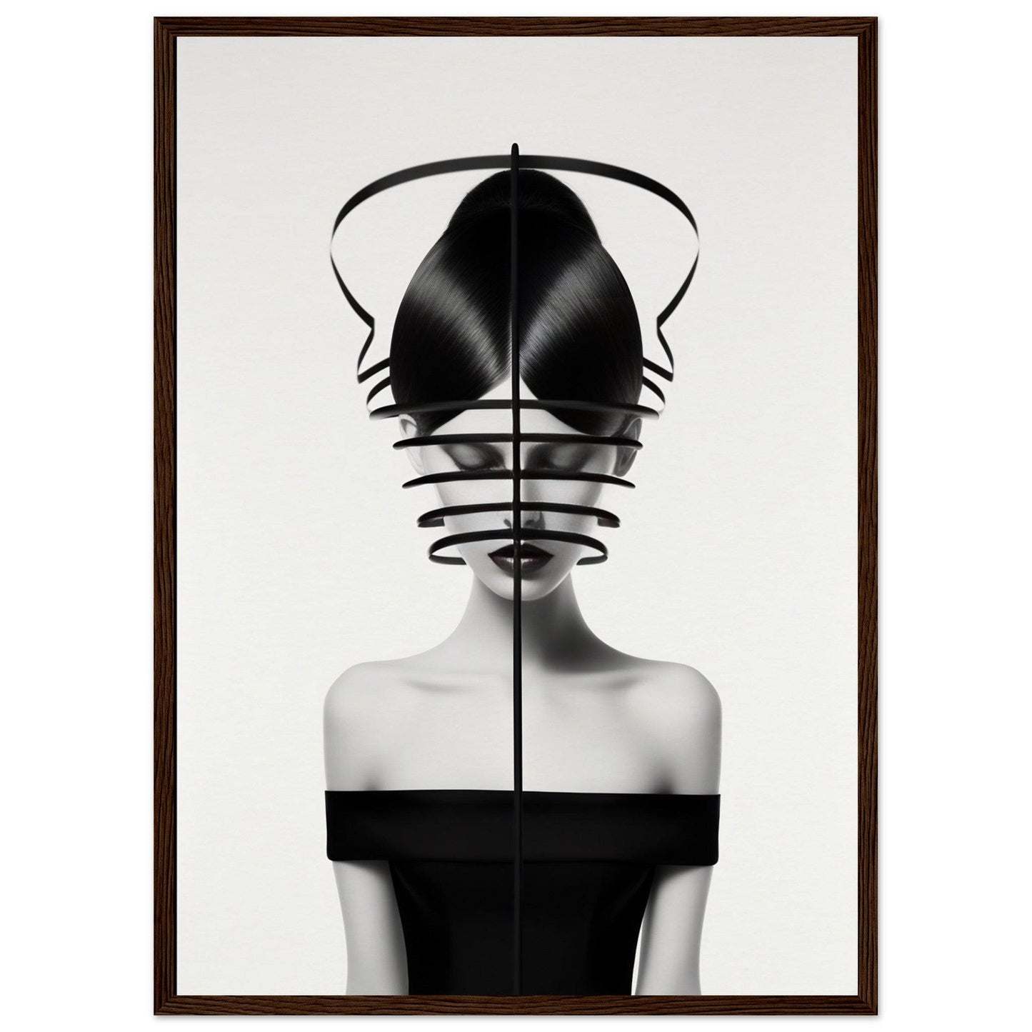 Surrealist black and white portrait featuring a figure with an abstract geometric headdress obscuring the upper face.