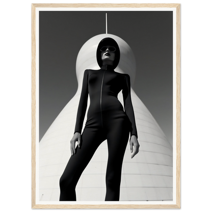 Silhouetted figure in a sleek black bodysuit standing beneath a curved white structure.