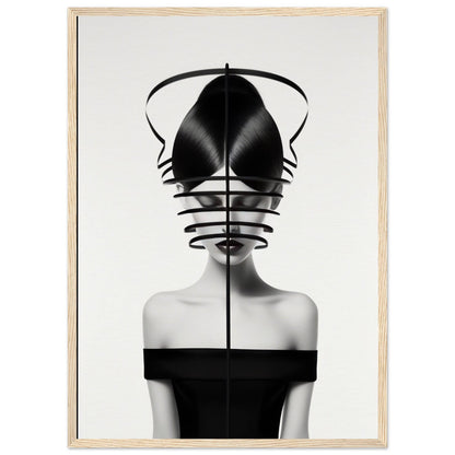 Striking black and white portrait featuring a figure with an abstract geometric headpiece obscuring the upper face.