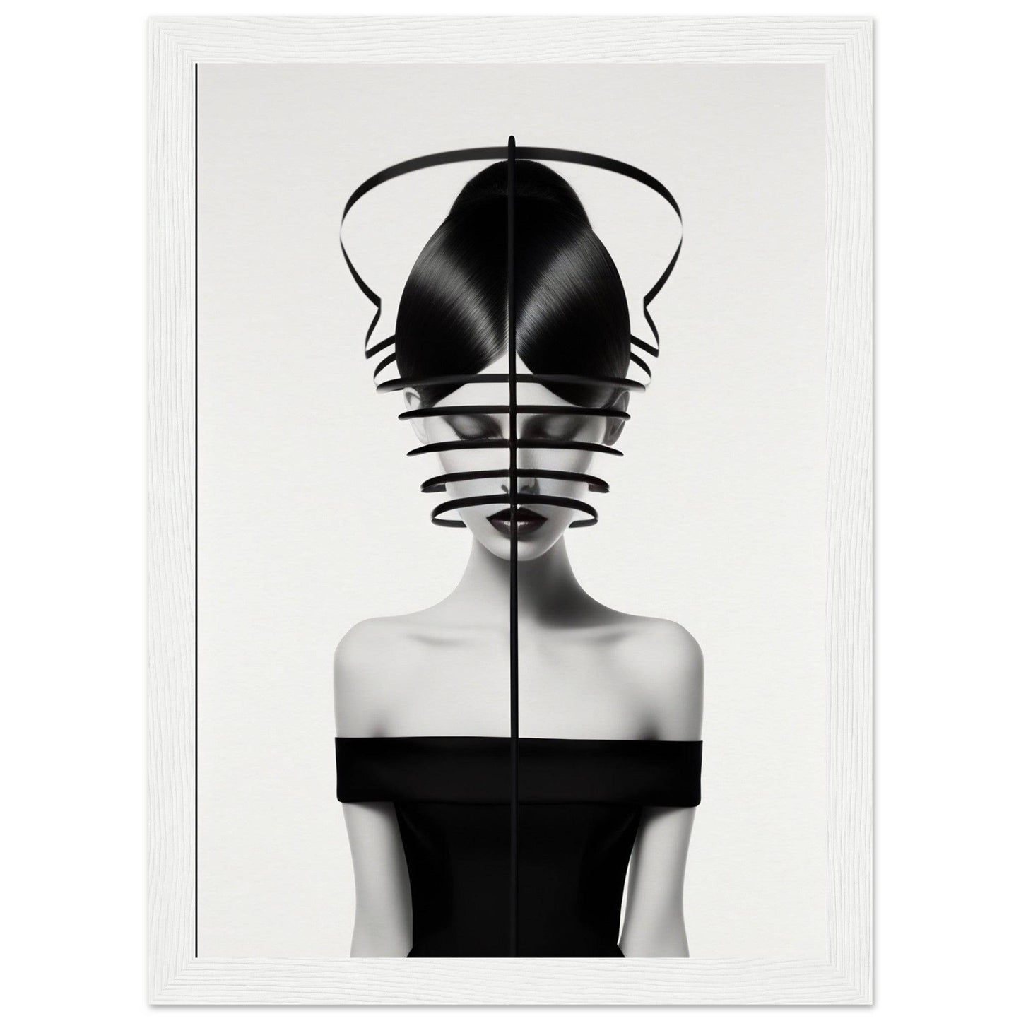 Surreal black and white portrait featuring a figure with an abstract geometric headpiece.