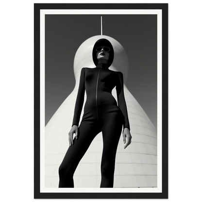 Silhouetted figure in a sleek, form-fitting black outfit striking a dramatic pose.