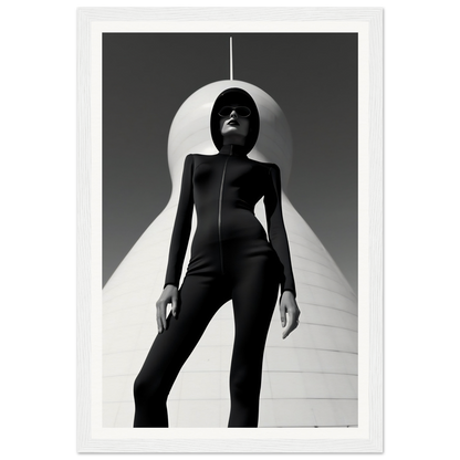 Silhouetted figure in a form-fitting black outfit standing dramatically against a stark white backdrop.