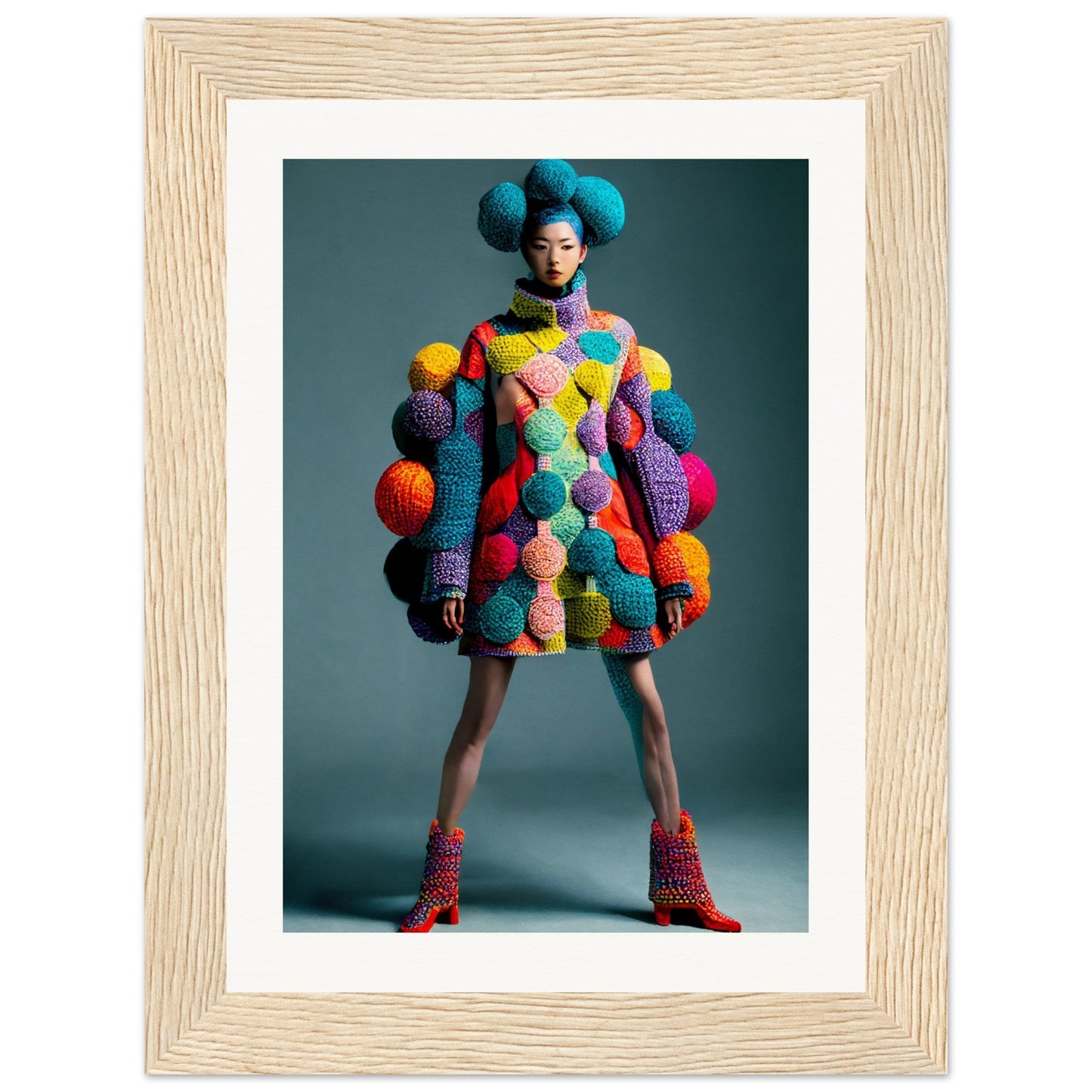 Colorful knitted dress adorned with vibrant pom-poms and spherical accessories.