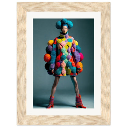 Colorful knitted dress adorned with vibrant pom-poms and spherical accessories.