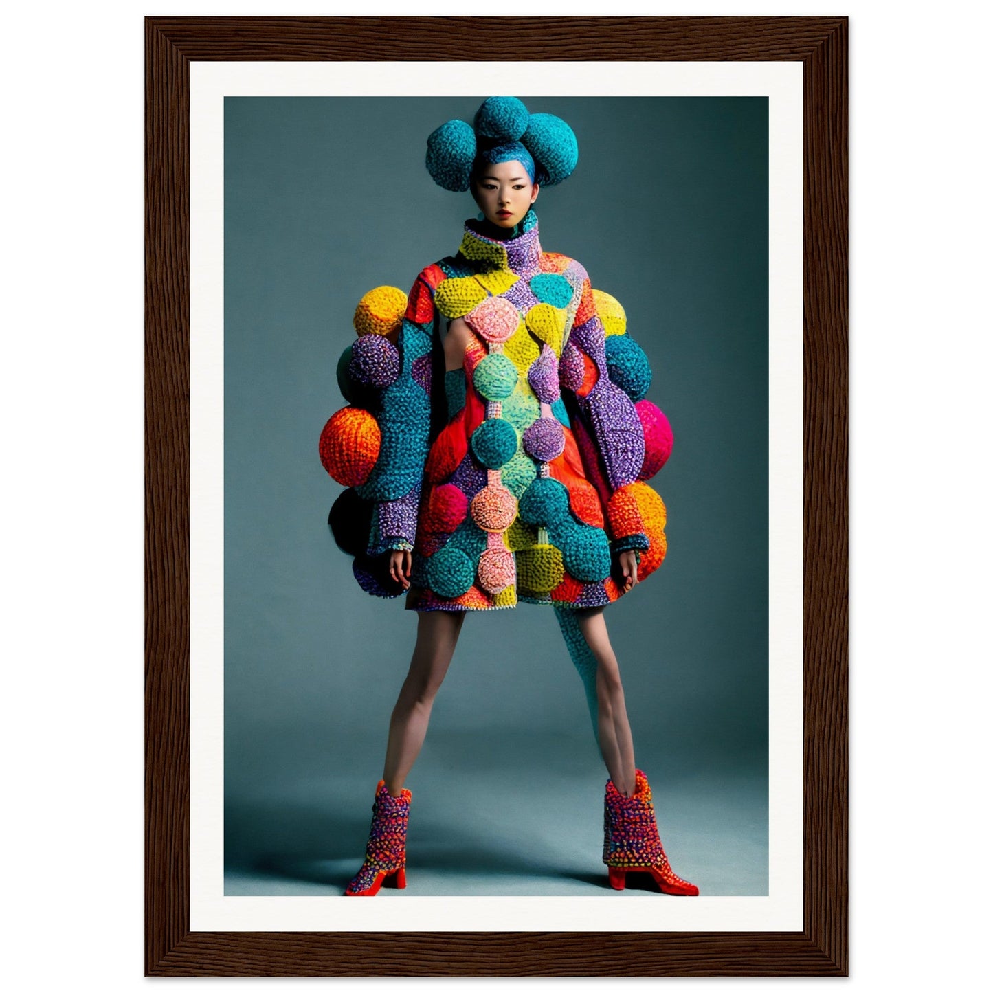 Colorful knitted dress adorned with numerous pom-poms of various sizes and hues, worn by a figure with matching blue hair puffs and boots.