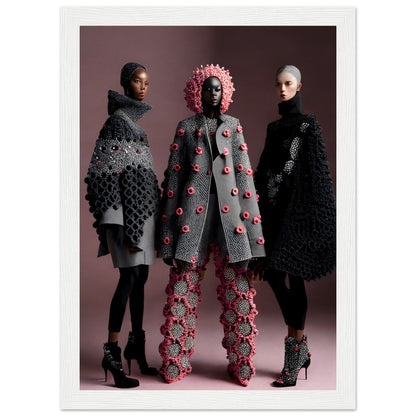 Three models wearing avant-garde, floral-embellished coats and pants in gray, pink, and black.