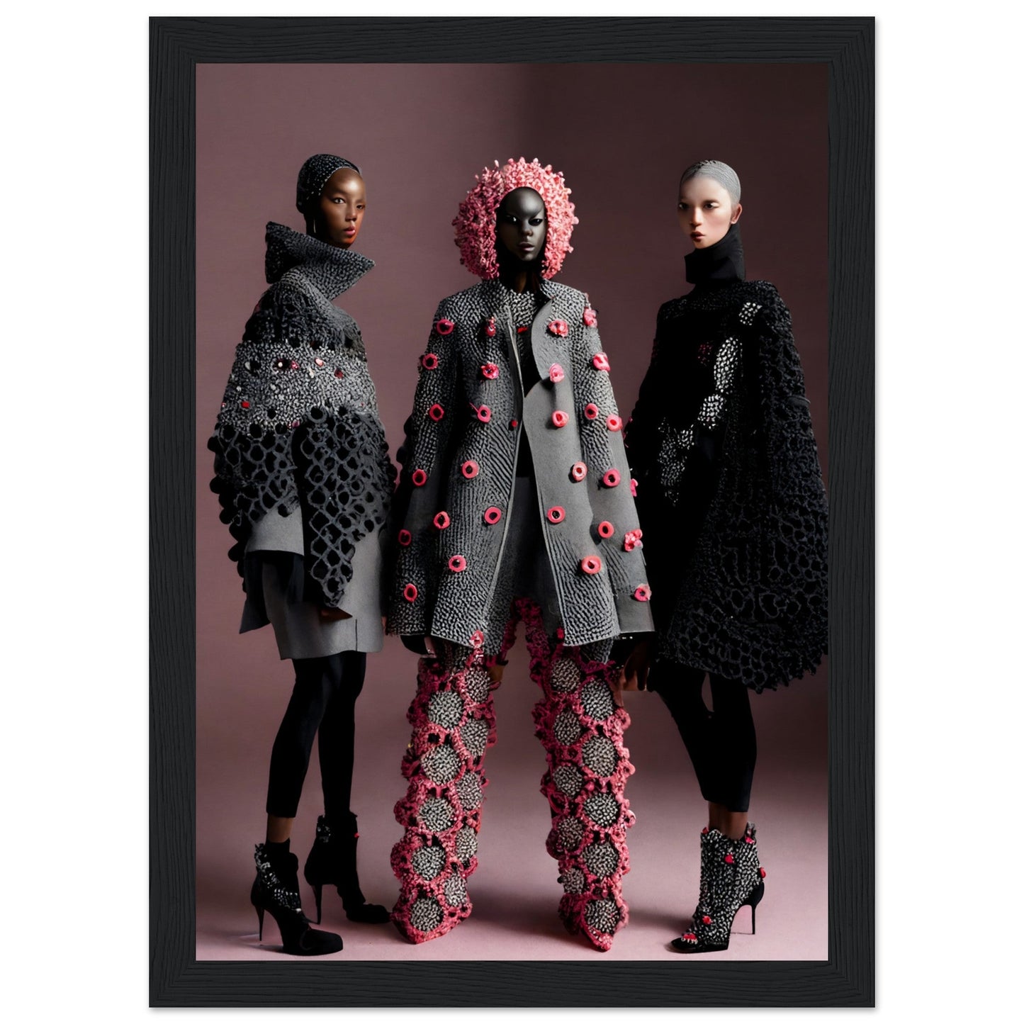 Three models wearing avant-garde, textured outerwear and accessories in gray, black, and pink tones.