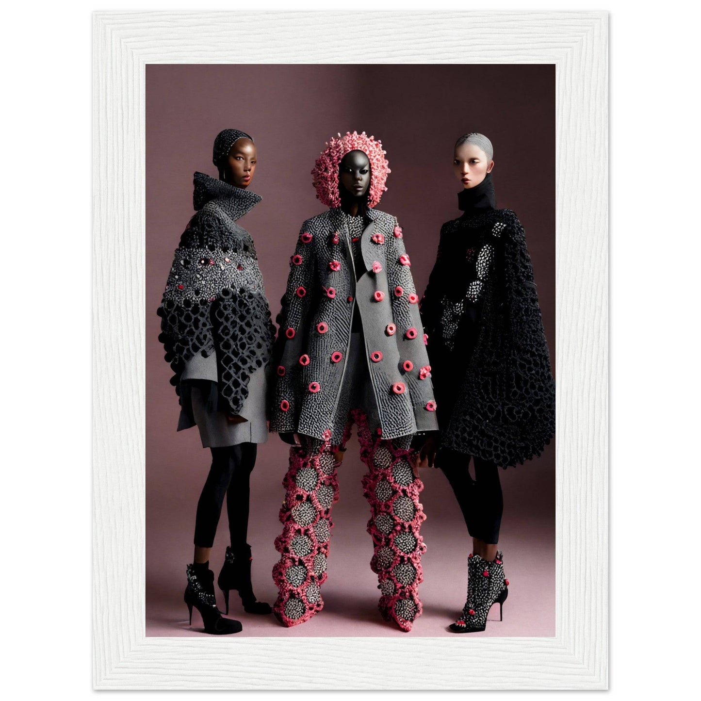 Three models wearing avant-garde knitwear designs featuring textured patterns and floral embellishments.