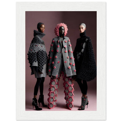 Three models wearing avant-garde knitwear designs featuring textured patterns and floral embellishments.