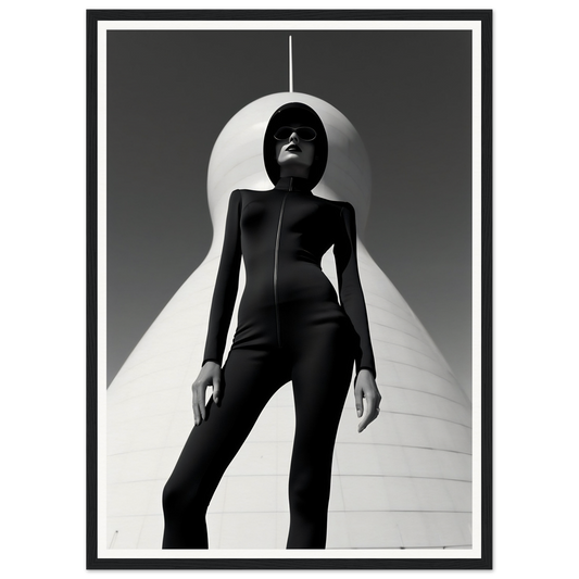 Silhouetted figure in a form-fitting black outfit standing dramatically against a white curved backdrop.