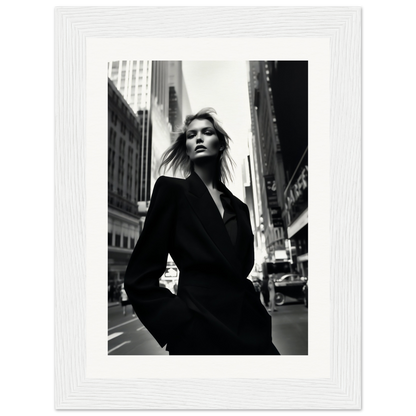 Black-and-white photograph of a woman in a dark coat standing on a city street.