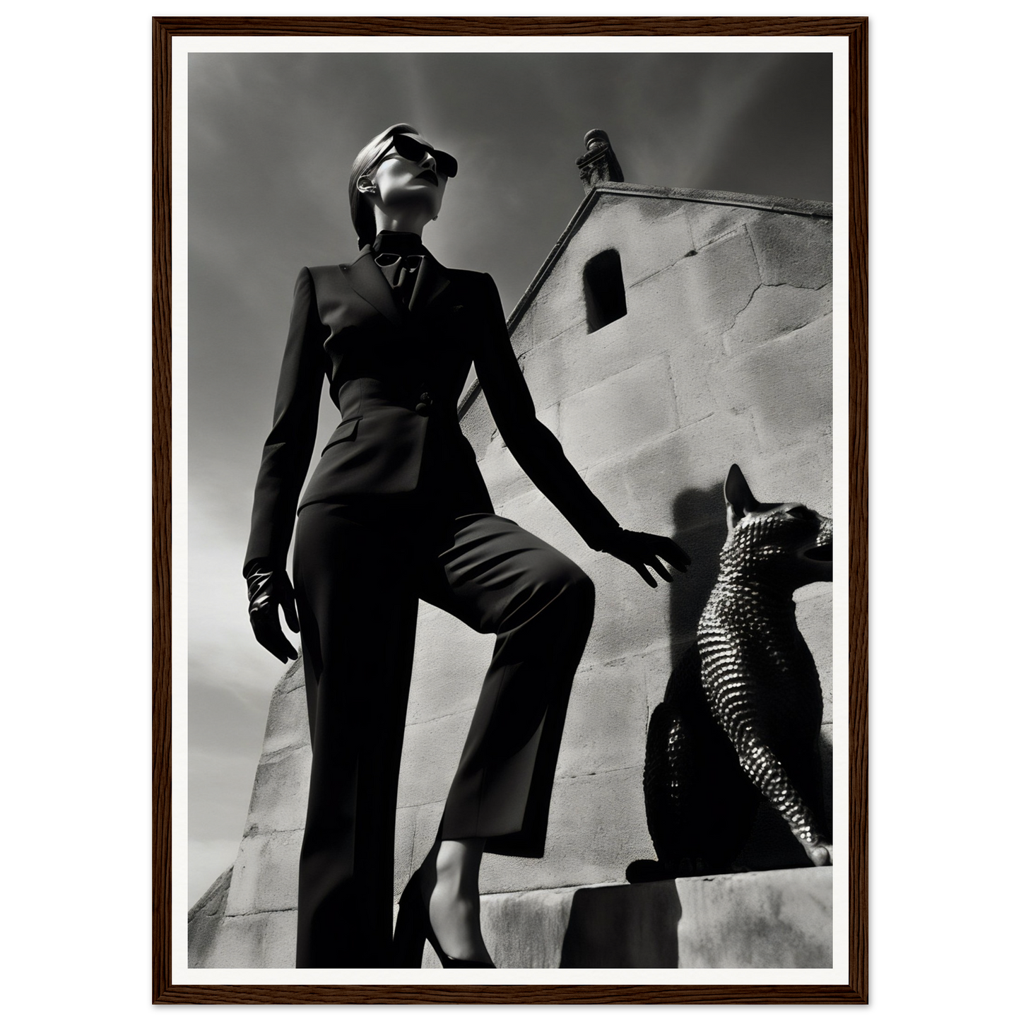 Woman in a tailored pantsuit striking a dramatic pose next to a stylized cat sculpture.