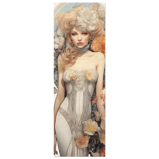 Ethereal female figure in a flowing white dress surrounded by soft floral elements.