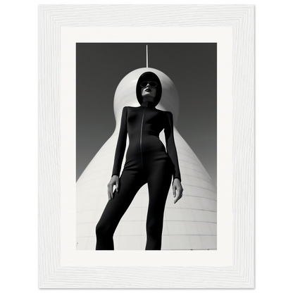 Silhouetted figure in a form-fitting black outfit standing beneath a curved white structure.