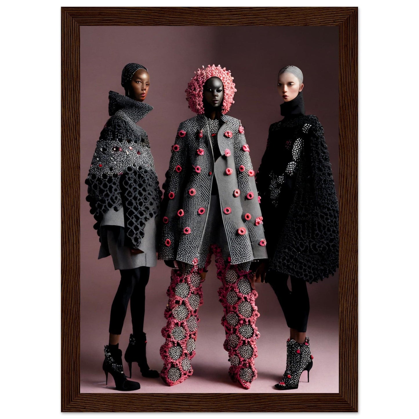 Three models wearing avant-garde, textured coats and boots in gray, pink, and black color schemes.