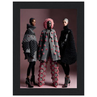 Three models wearing avant-garde, textured outerwear in black and gray with pink floral accents.