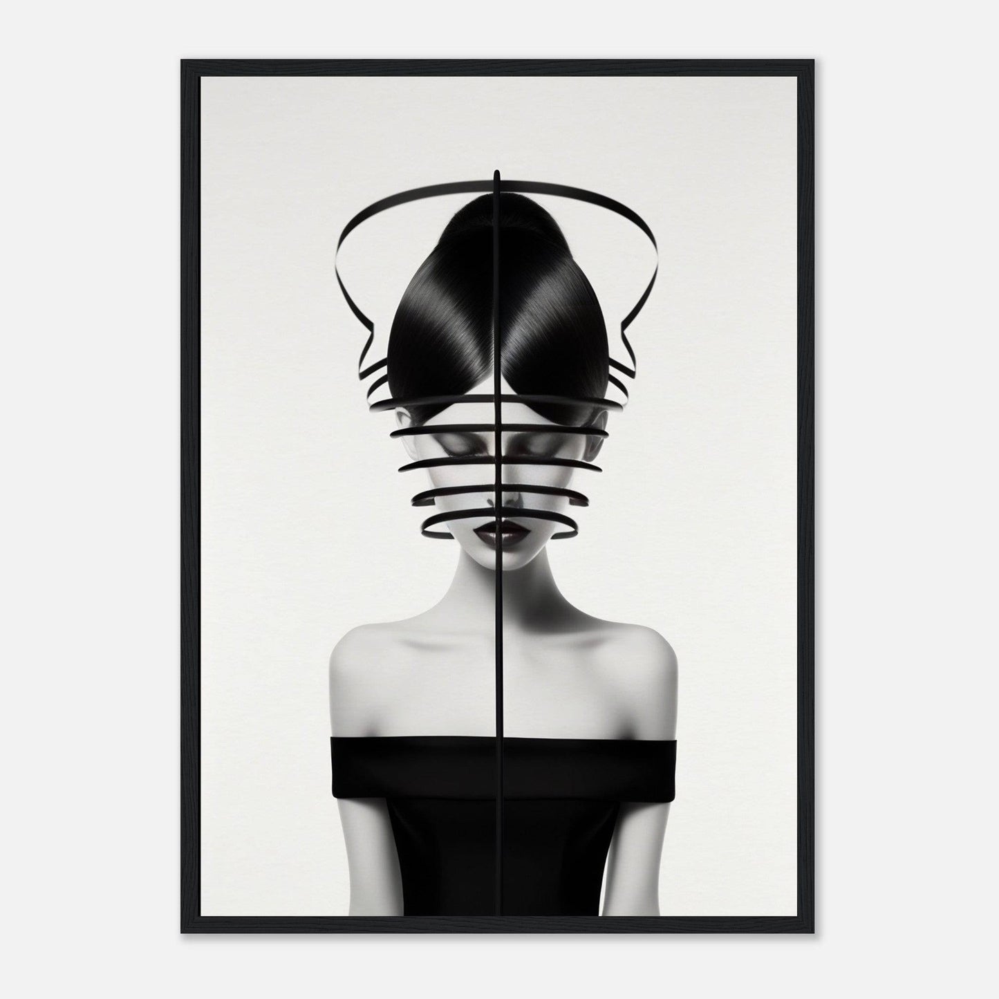 Surrealist black and white portrait featuring a figure with an abstract geometric headdress obscuring the upper face.