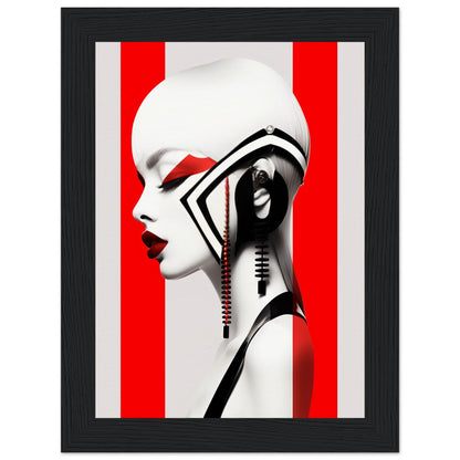 Stylized profile portrait of a figure with bold red and white geometric elements.