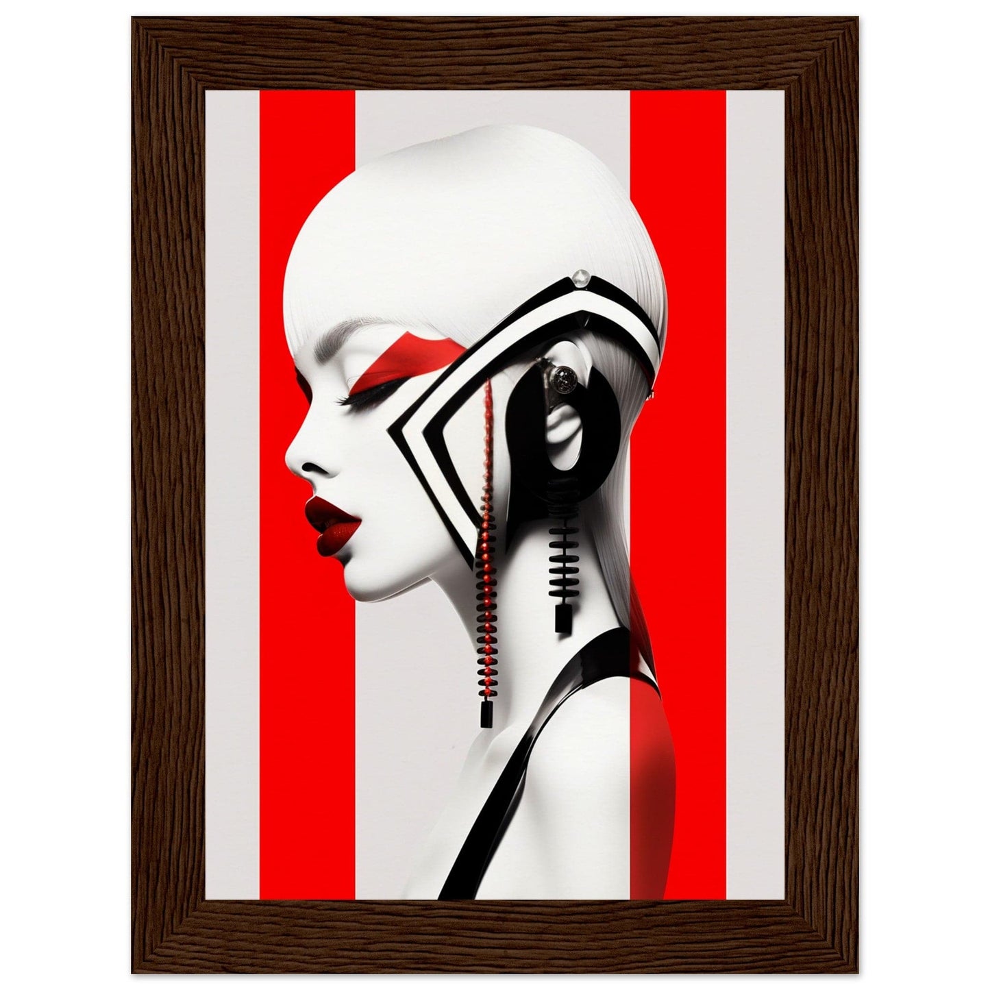 Stylized profile portrait of a person with bold red and white geometric elements.