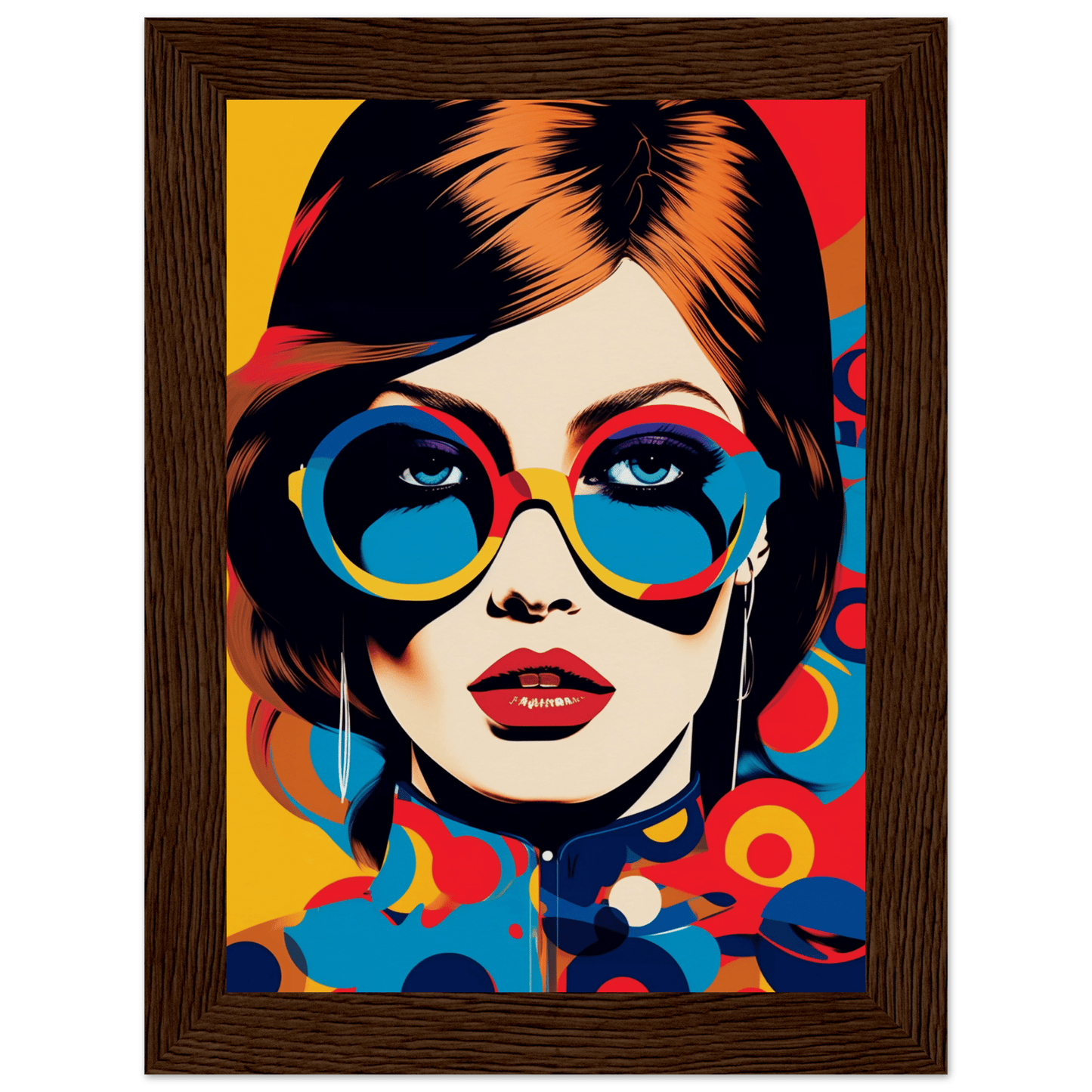 Stylized pop art portrait of a woman wearing oversized round sunglasses and bright red lipstick.