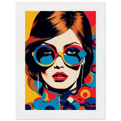 Pop art-style portrait of a woman wearing oversized blue sunglasses and bright red lipstick.