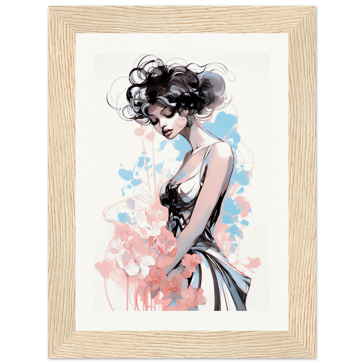 Watercolor-style portrait of a woman with curly dark hair in a light-colored dress.