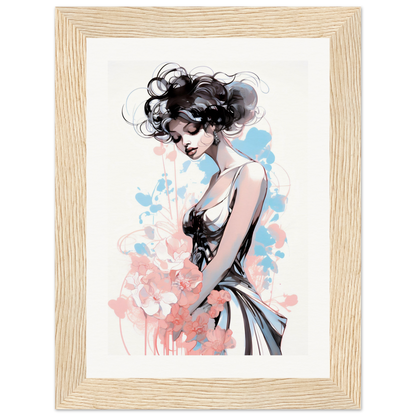 Watercolor-style portrait of a woman with curly dark hair in a light-colored dress.