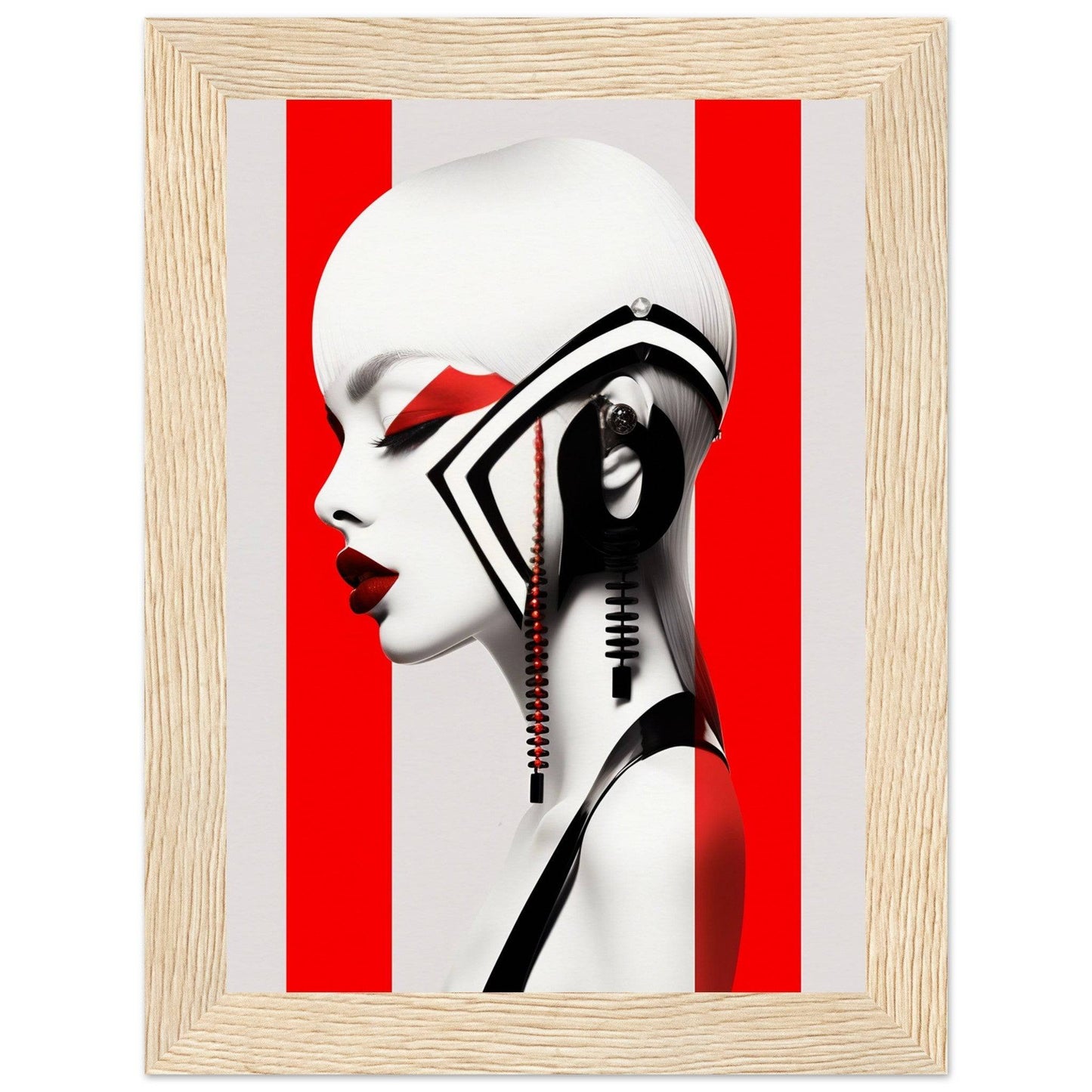 Stylized profile portrait of a figure with striking black and white contrast against a red background.