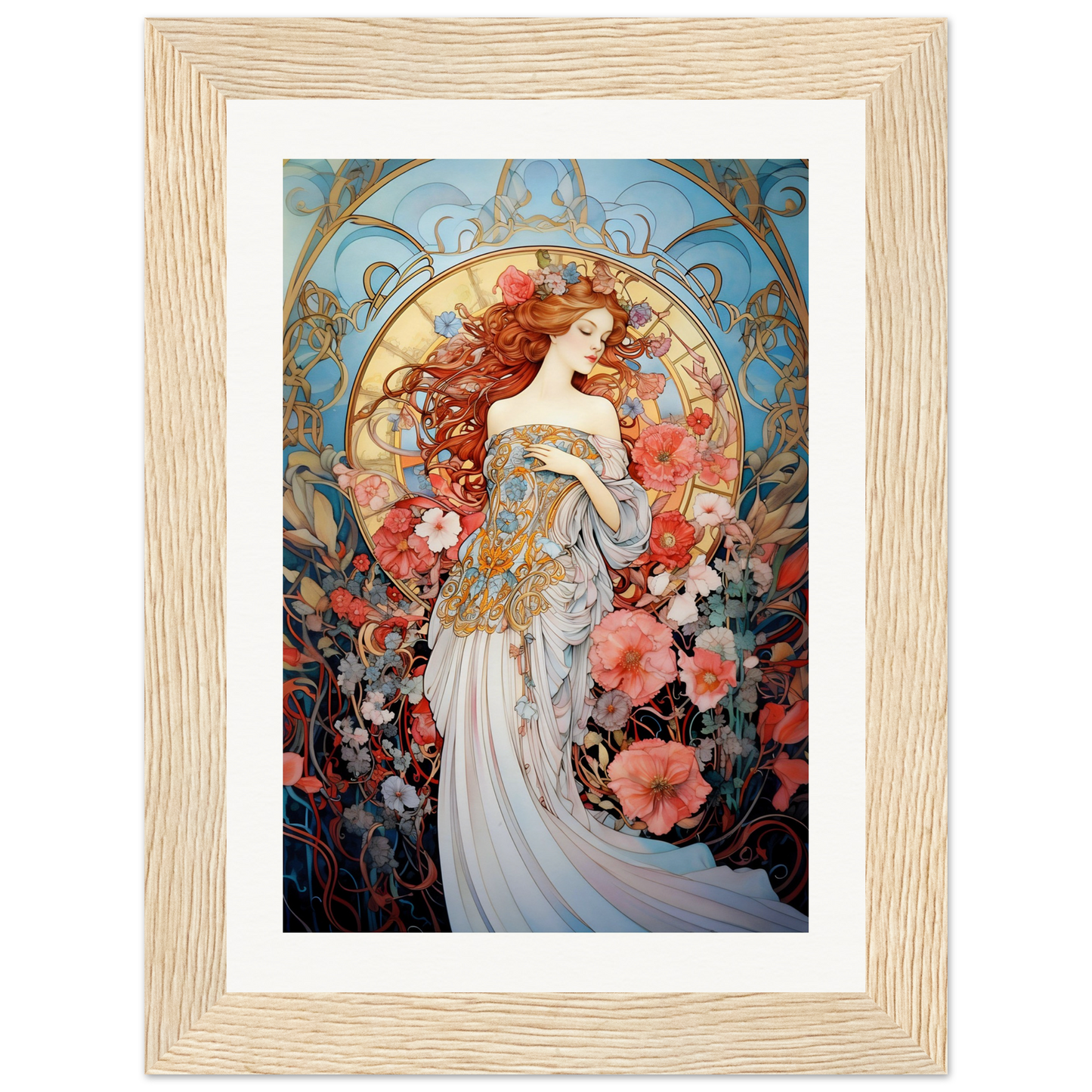 Art Nouveau-style painting of a woman surrounded by floral motifs and decorative elements.