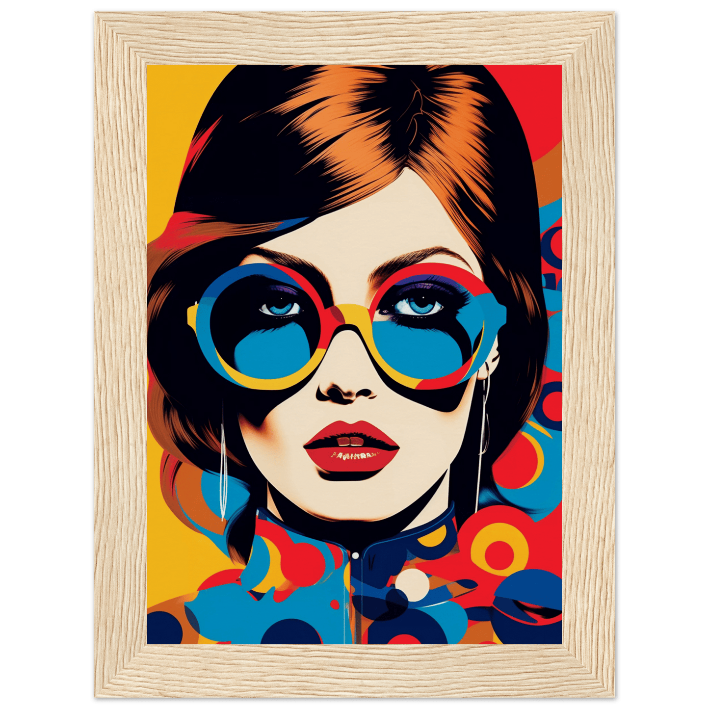 Pop art style portrait of a woman wearing large round sunglasses and bright red lipstick.