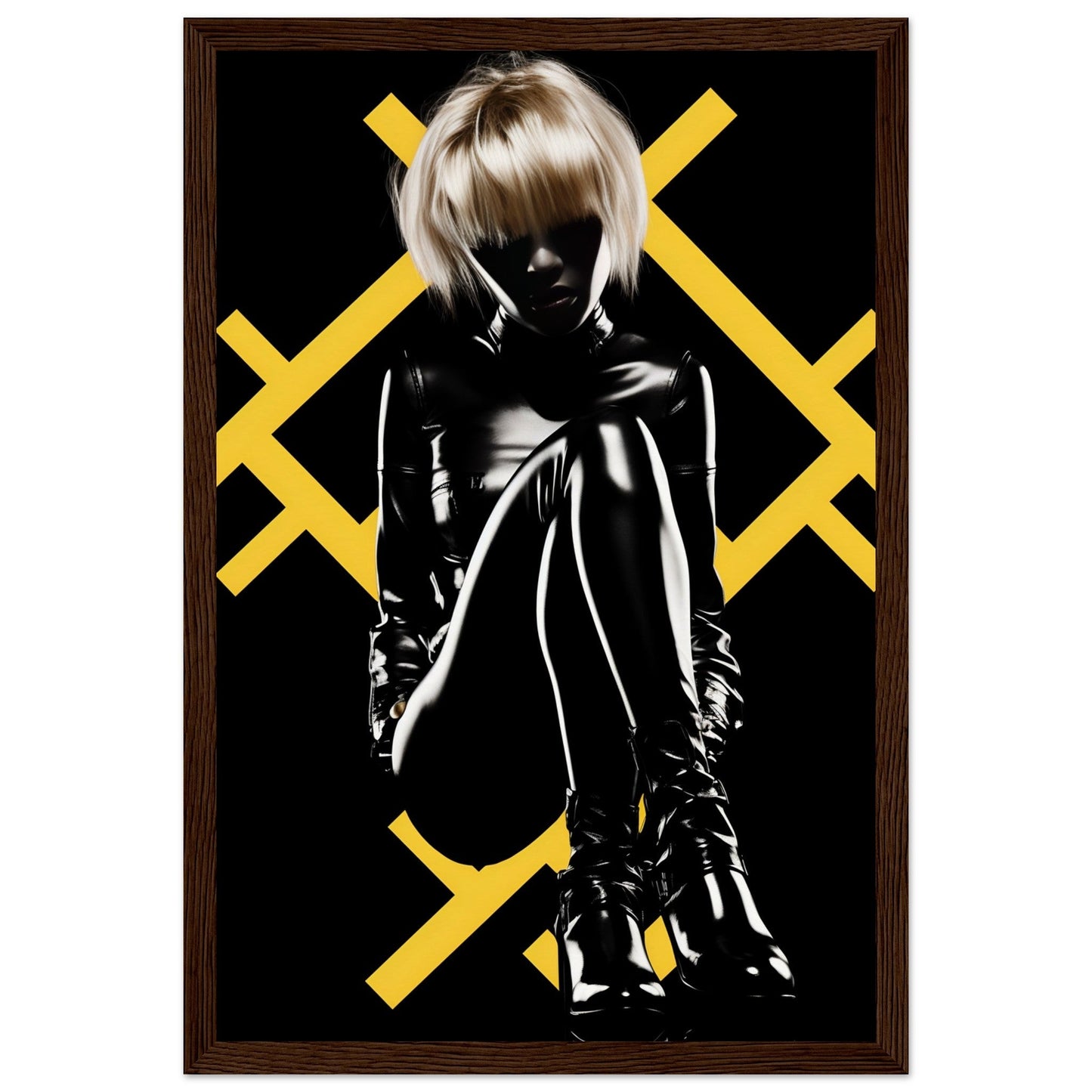 Silhouetted figure in shiny black clothing against a background with yellow X patterns.