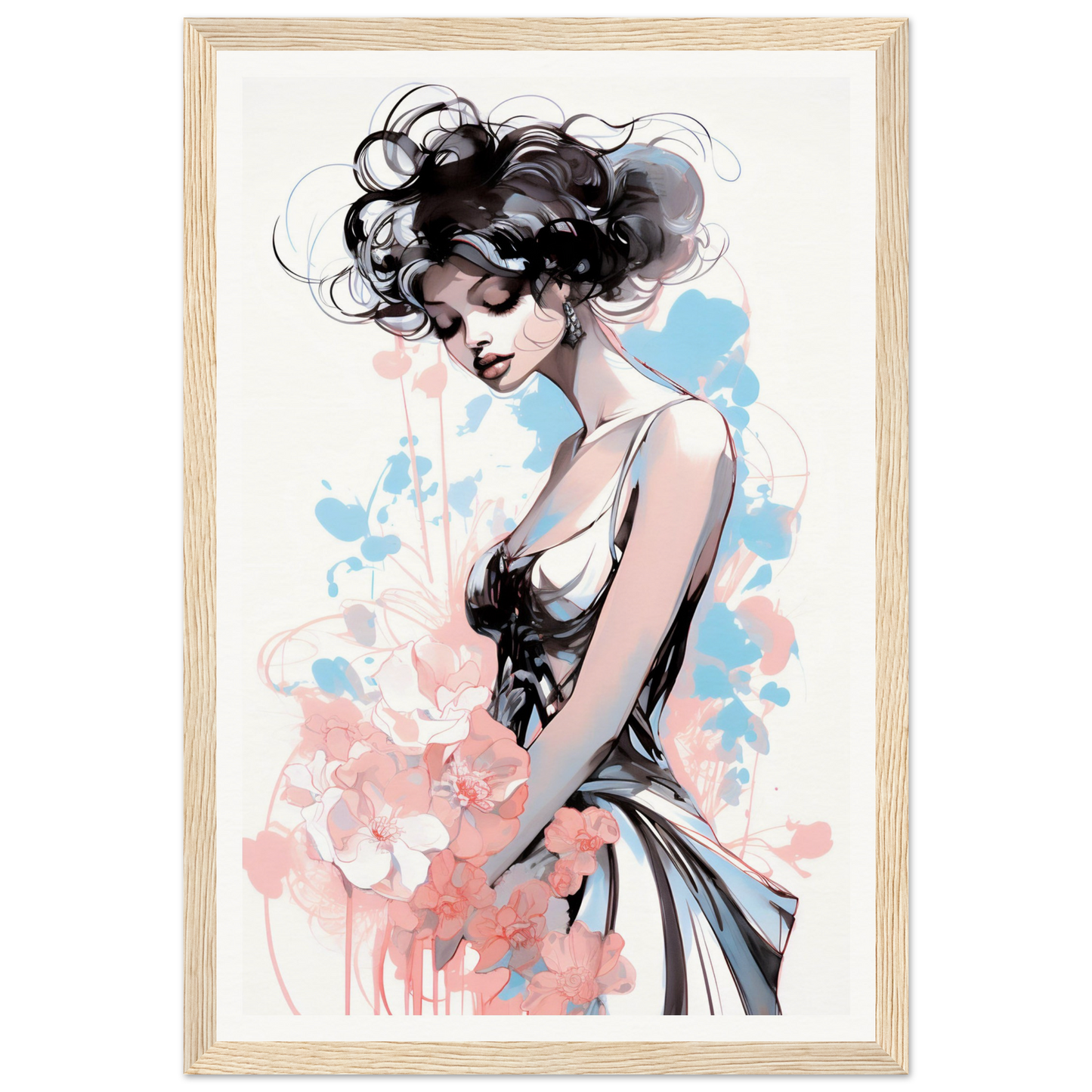 Stylized illustration of a woman with flowing dark hair and a graceful pose against soft pastel colors.