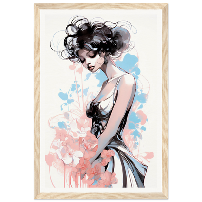 Stylized illustration of a woman with flowing dark hair and a graceful pose against soft pastel colors.